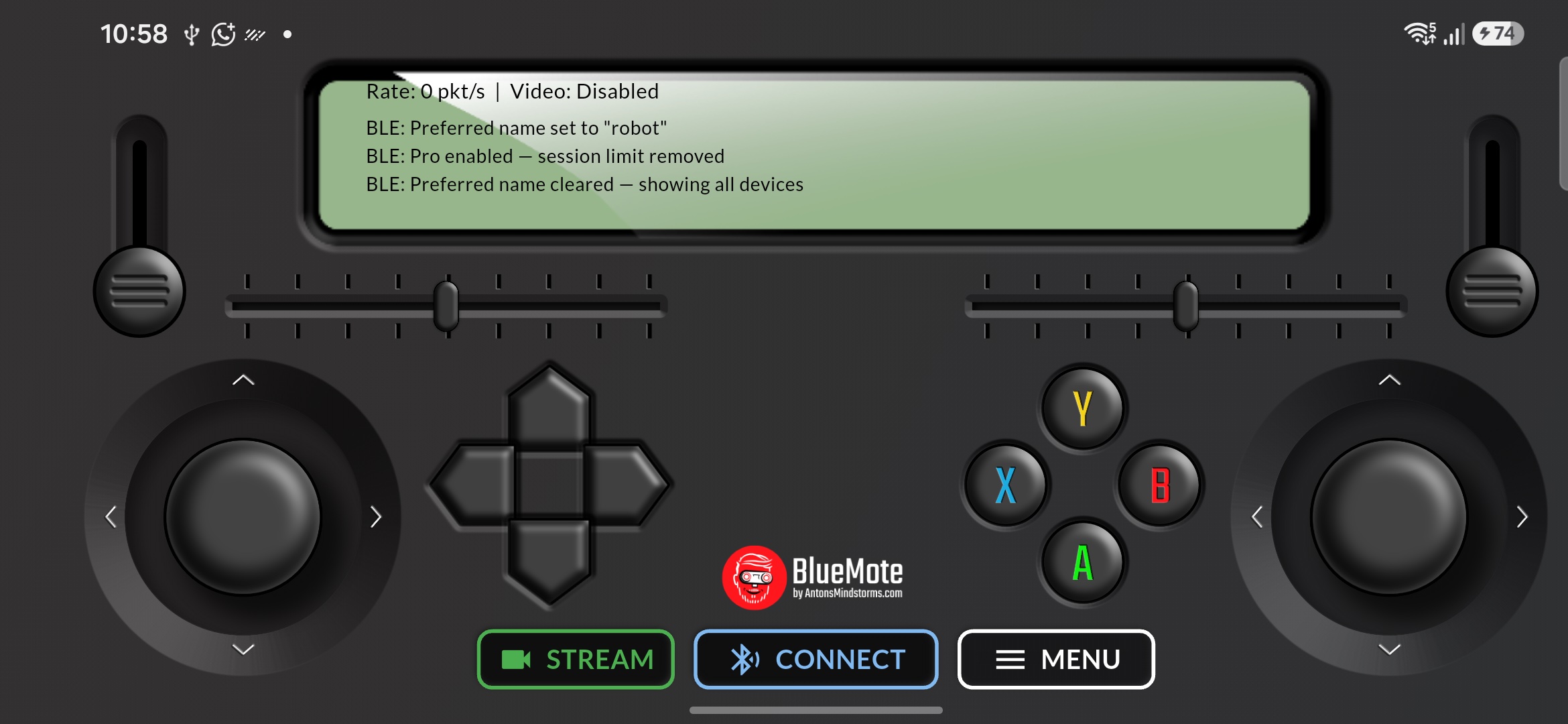 BlueMote gamepad with STREAM, CONNECT, and MENU