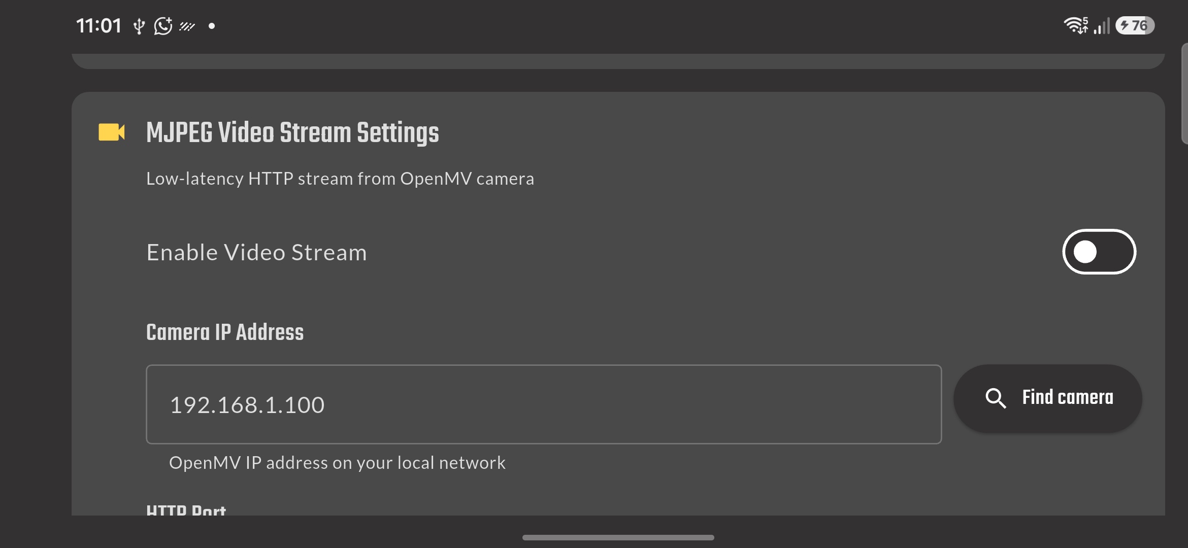 MJPEG video stream settings for an OpenMV camera