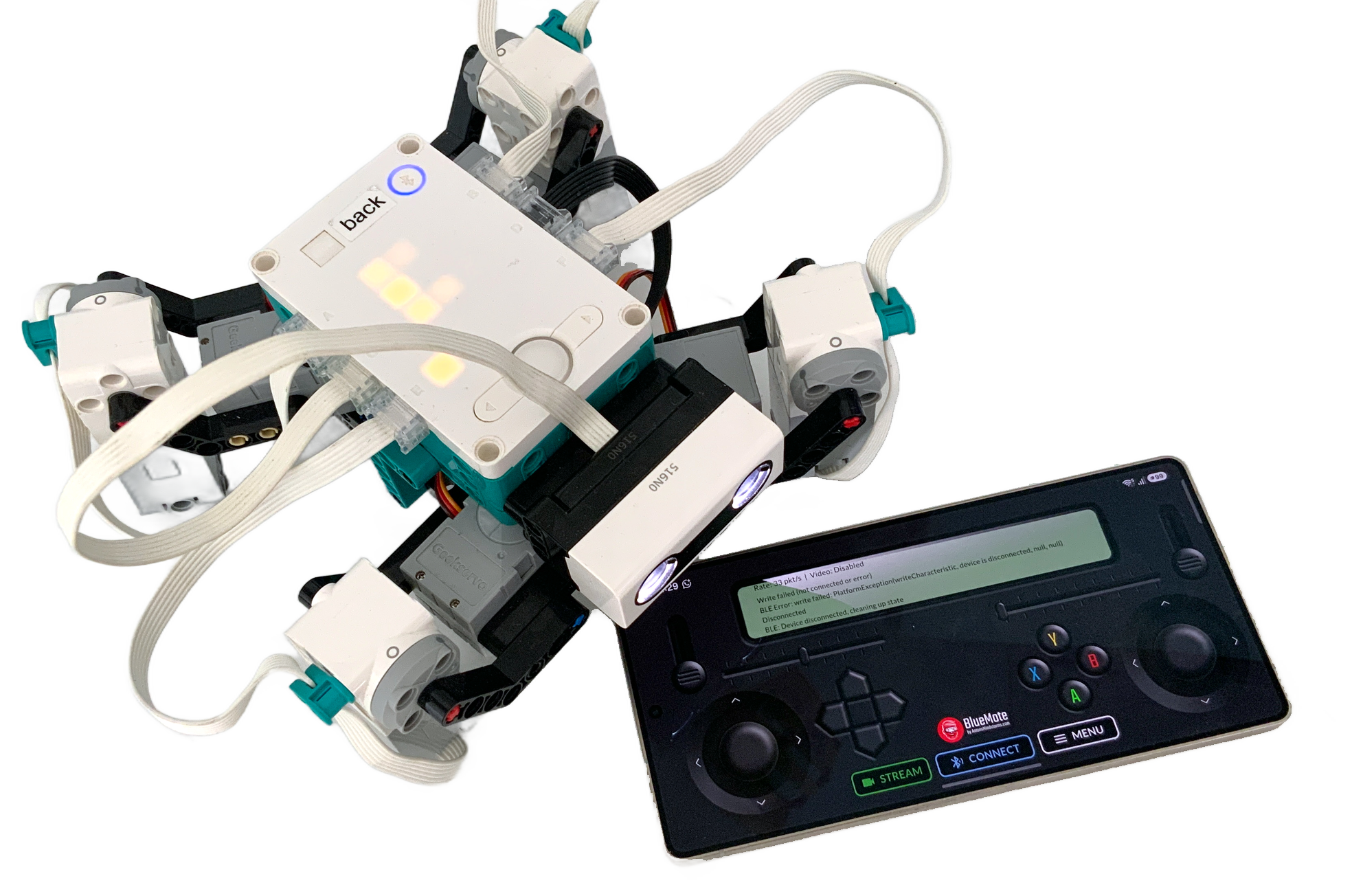 BlueMote on a phone next to a SPIKE Prime servo spider